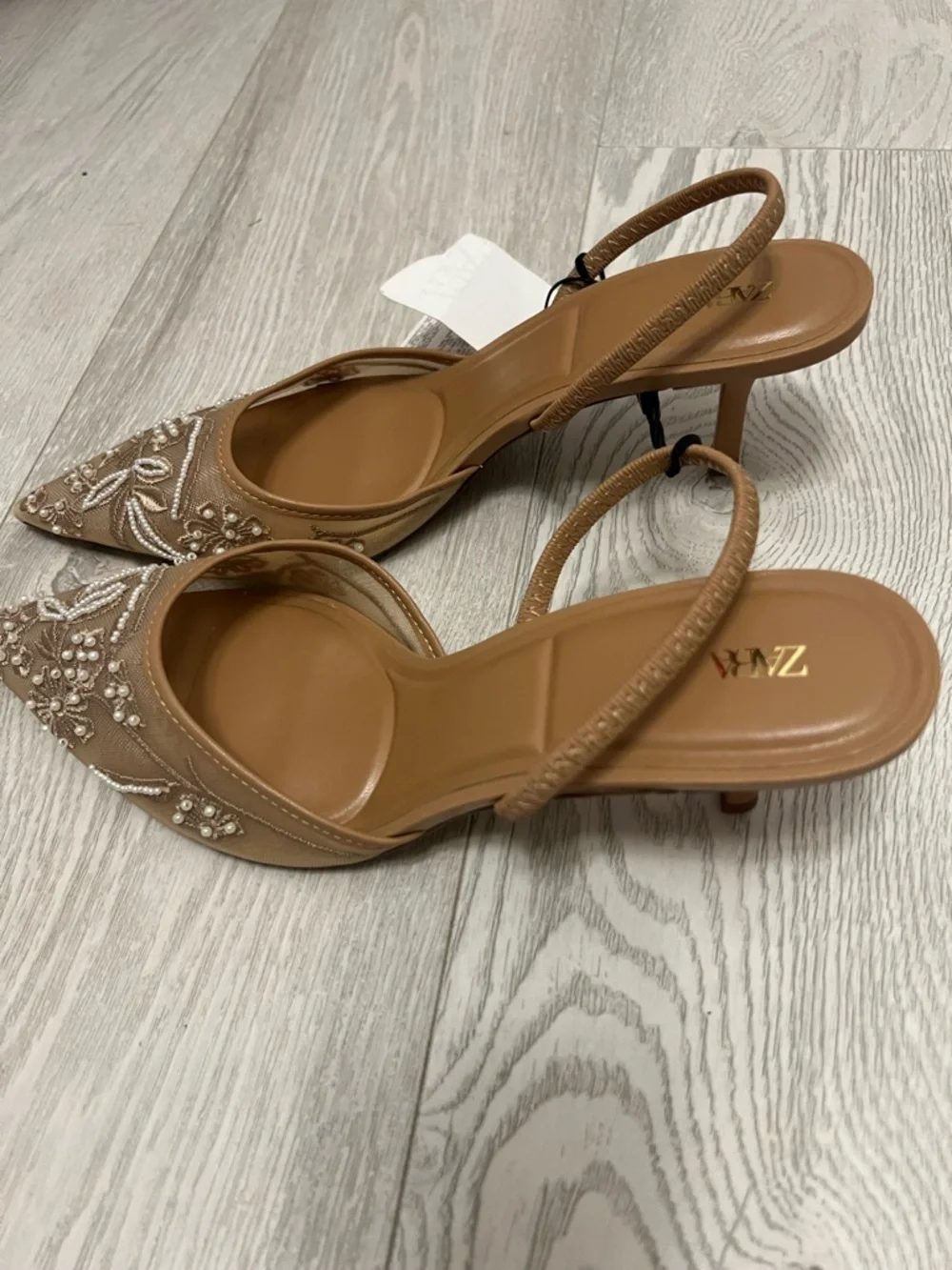 Zara tan embroidered & beaded mesh sling-back heels. 10 NWT